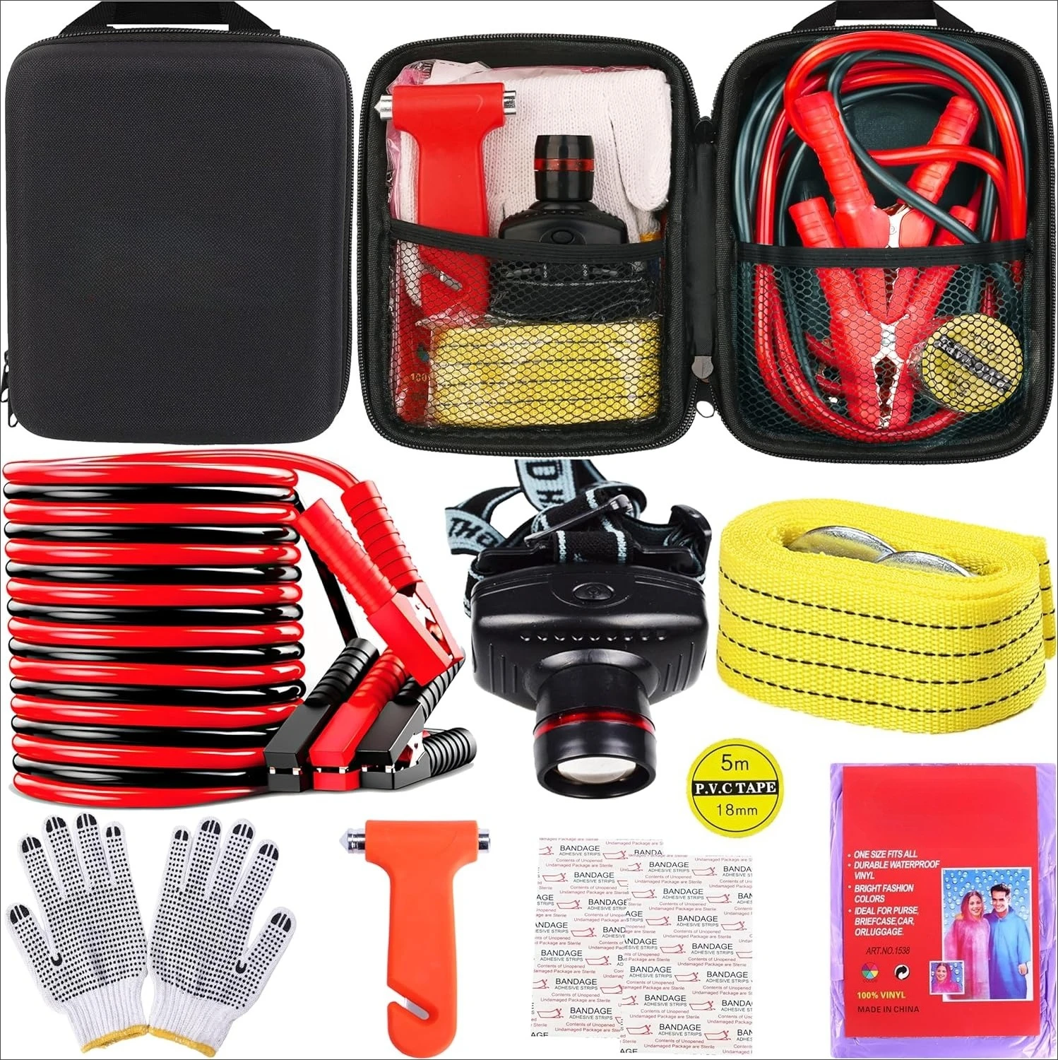 Sleek Easy-to-Carry Auto Emergency Tool Kit - Roadside Kit with Jumper Cables, Headlamp, Tow Straps, Safety Hammer (Black)