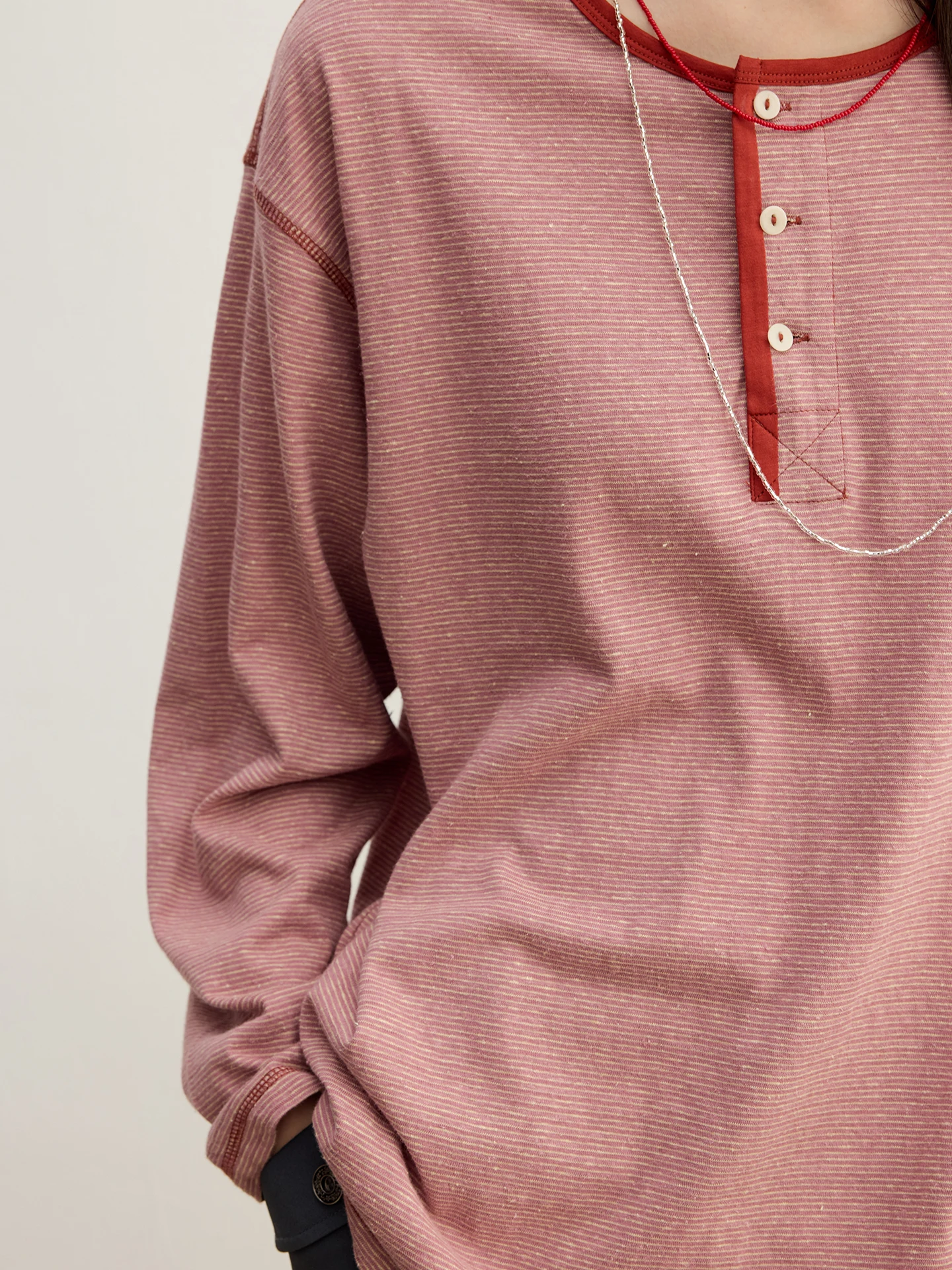 Organic Cotton Long Sleeve Shirt Spring Fine Stripe Han Hanma Ladies Casual Loose Fit Henry Collar Bean Paste Pink T-shirt