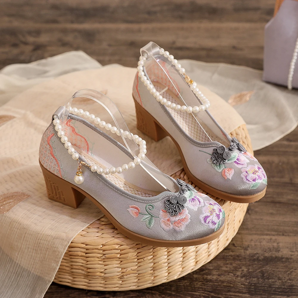 Veowalk 6cm High Block Heel Women Satin Cotton Embroidered Shoes with Pearls Strap Unique Elegant Comfortable Casual Pumps