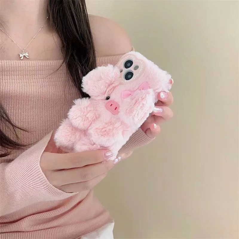Luxury Pink Piggy Fluffy Fur phone case protection for iPhone 16 15 13 12 11 14 Pro Max XS XR 7 8 Plus X Lovely Pig Plush Coque