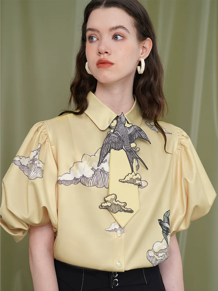 Spring Summer Original Design Women Vintage Swallow Flying Clouds Print Puff Sleeves Shirts/Blouses