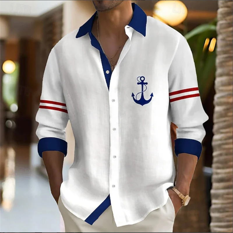 

Men's Shirt, Button Shirt, Casual Shirt Spring Summer Boat Anchor Print Long Sleeve Daily Fashion Comfortable