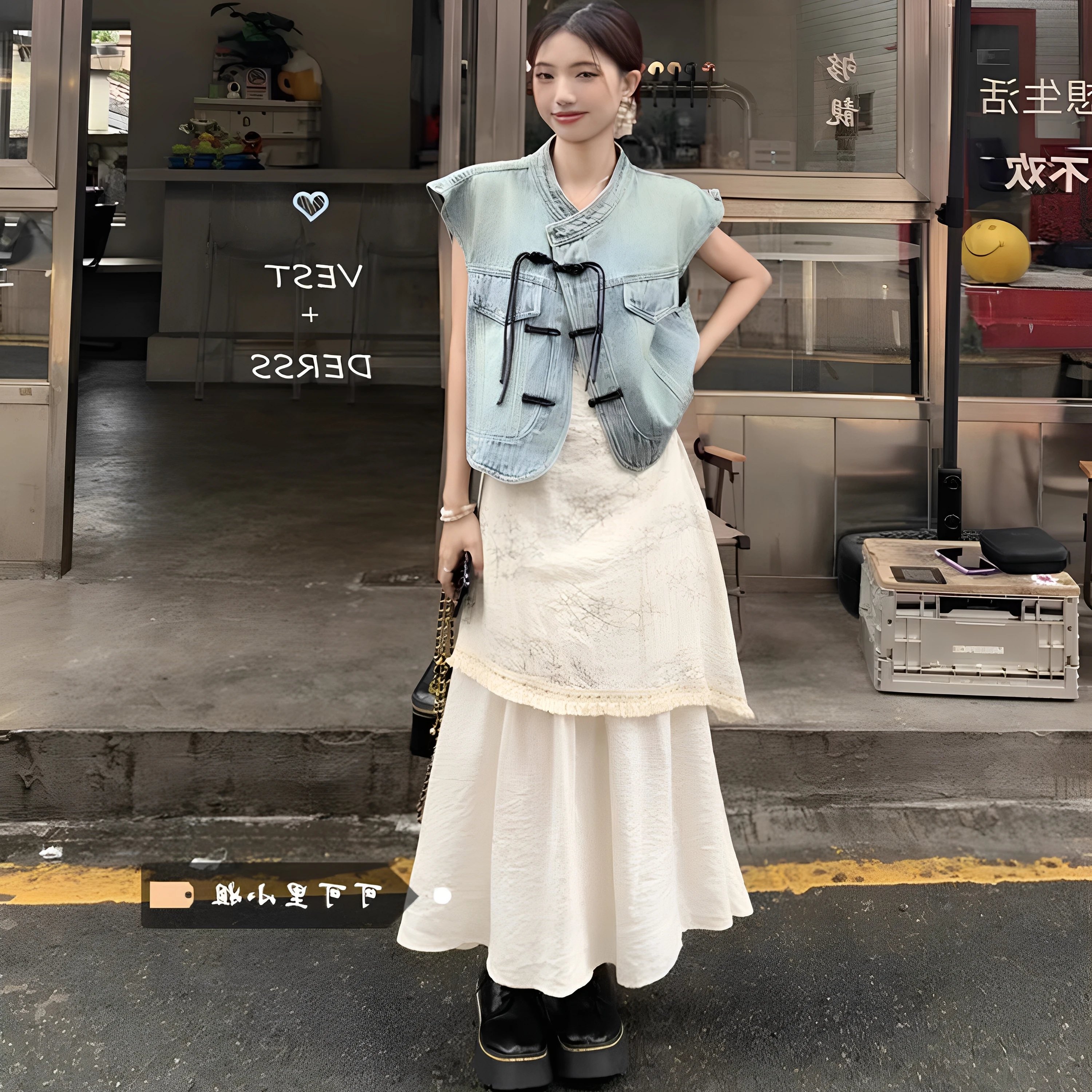 

New Chinese Style National Trend Button Tassel Denim Vest Jacket Women Summer Layering Sleeveless Short Style Vest Waistcoat