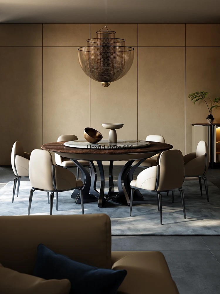 Light luxury walnut round dining table and chair combination