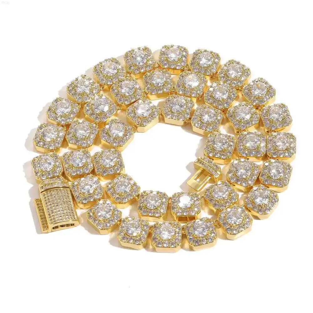 

Hip Hop Iced Out Square Moissanite Diamond Tennis Cuban Link Chain Jewelry Gold Plated Bling Tennis Necklace for Women Men