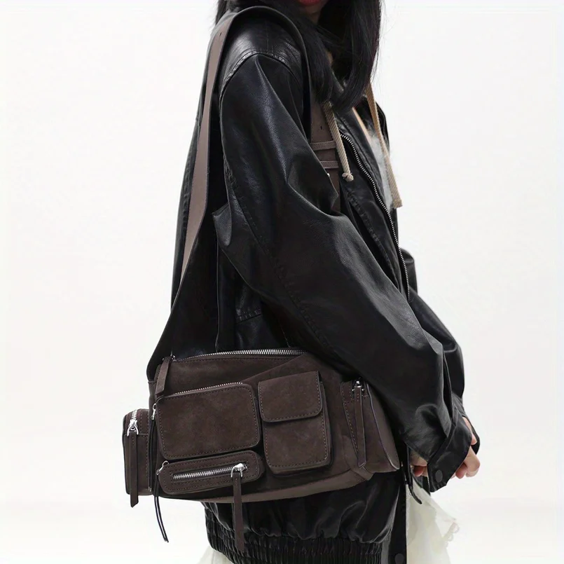 Ladies' personalized Y2K spicy girl motorcycle bag, street style, retro style frosted suede PU handbag - coffee brown