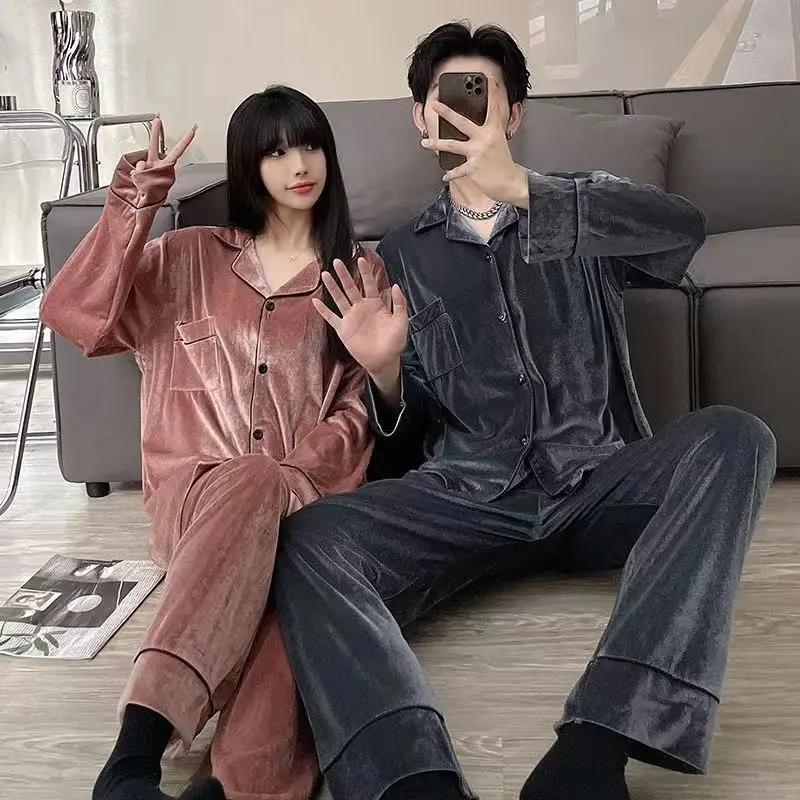 Couple Pajamas for Men Velvet Winter Sleepwear Korean Sleeping Night Wear Solid Pijama 2 Pcs Pants Sets Button Pocket Home Suit