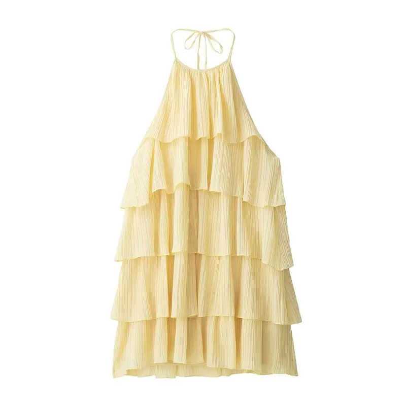 Nova Chegada de Outono: Vestido F Casual com Gola ter, Camadas Múltiplas Decorativas, Costas Abertas e Saia Estilo ...