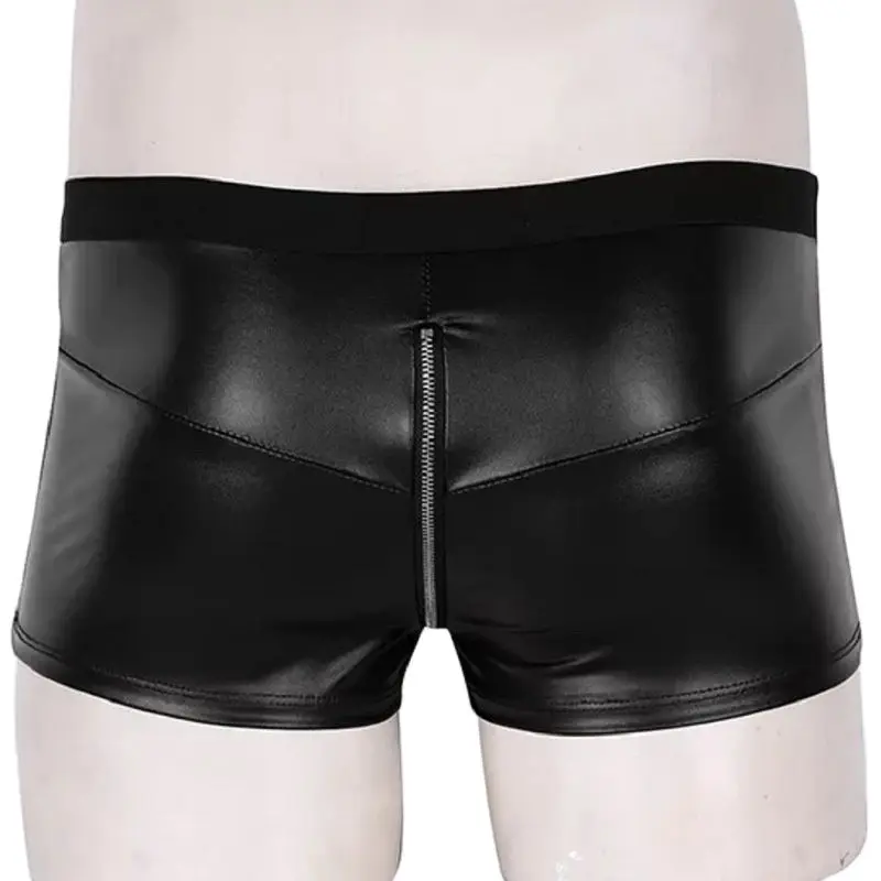 Mens Plus Size Boxers Bright Patent Leather Lingerie Show Package Hip Underpants U-Zipper Open Crotch Undershorts Sexy Underwear