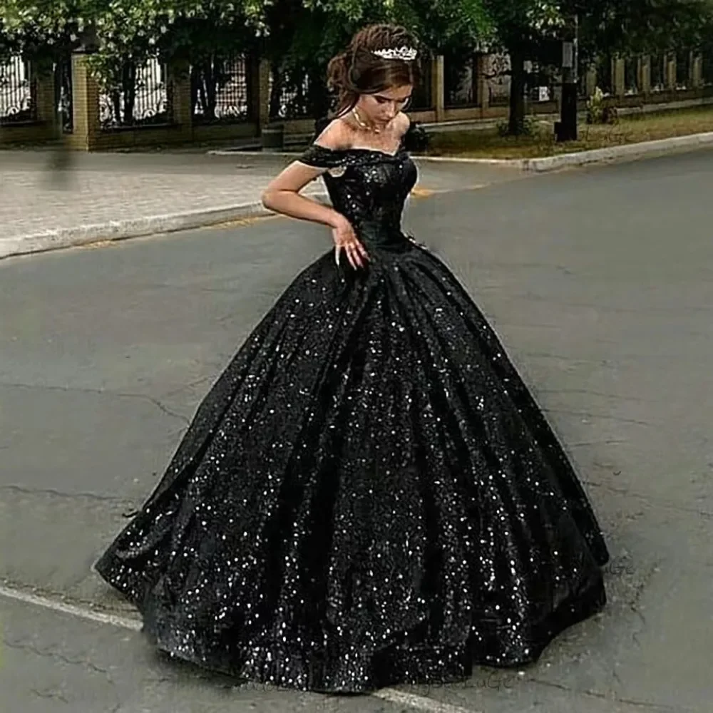 

Sexy Dubai Sparkling Black Prom Dresses 2024 Party Pageant Ball Gown Evening Gowns Off the Shoulder Plus Size Women Formal Dress