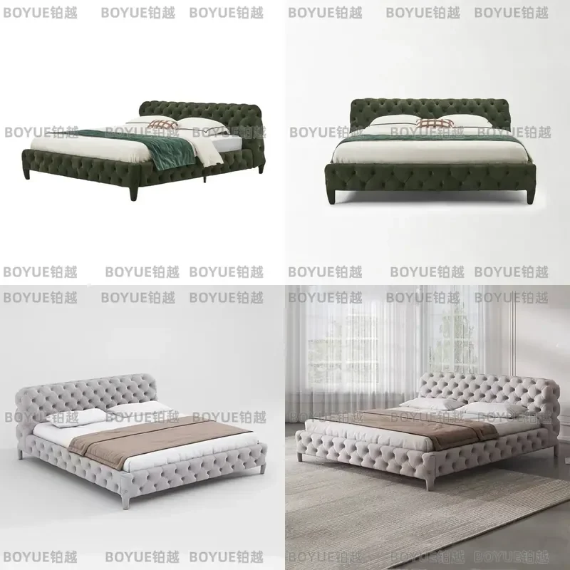 Italian Minimalist Surface Fabric Bed Luxury Tufted Upholstered Platform Double Bedroom Furniture Modern Soft Padded