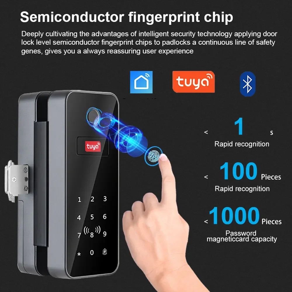 Tuya Smart Life Bluetooth Glass Door Lock Digital Biometric Fingerprint Glass Lock No-Drill supports Gateway App Remote Control