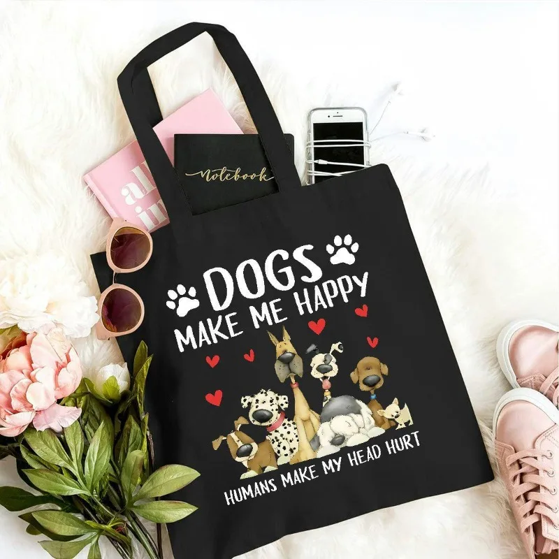 

Large Capacity Dogs Make Me Happy Canvas Tote Hand Washable Casual Black Shoulder Bag with For Daily Shopping and Organization