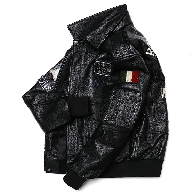 New Black Flying Suit Genuine Leather Jacket Men's Natural Cowhide Coat Cross Anchor Embroidery Fashion Motorcycle Clothing