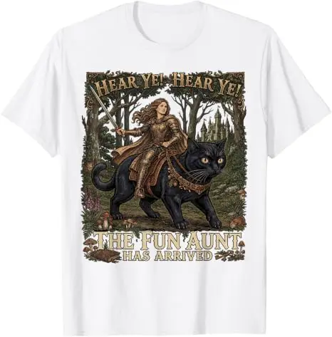 Mittelalterliche Renaissance Ritterkatze Lustige Tante Kleidung Vintage T-Shirt Lustiges „Hört ihr, hört ihr, die lustige Tante ist angekommen“ Ritterkatze T-Shirt – Detail 21