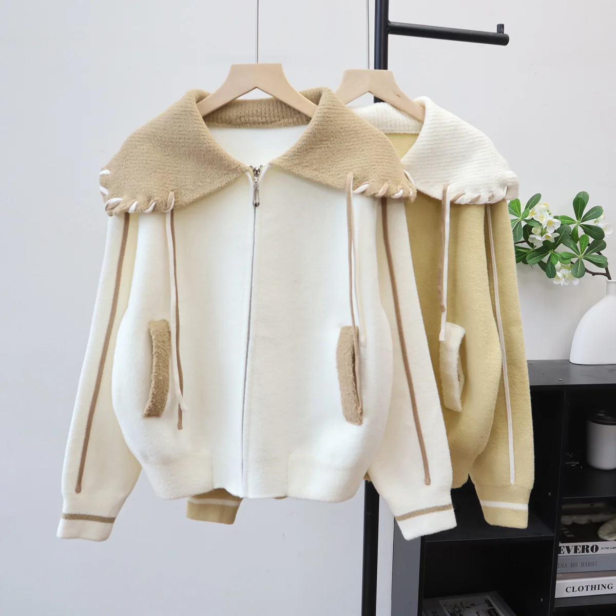 

Women Spliced Cardigan Sweaters Knitted Jumper Color Blocked Turn Down Collar Long Sleeve Zipper Loose Casual Autumn Winter 2025