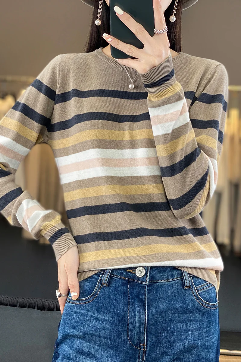 

Autumn and Winter New 100% Cotton Knitwear Women's Round Neck Striped Long Sleeve Loose Top with Grade Underlay Sweater