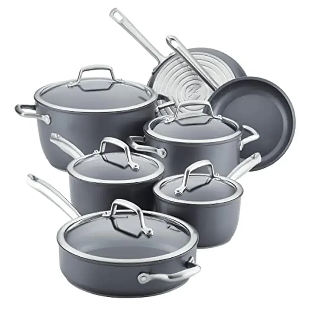 Forged Hard Anodized Nonstick Cookware Set 12-Piece Durable Triple-Layer Design Precision Cooking Moonstone Gray Finish