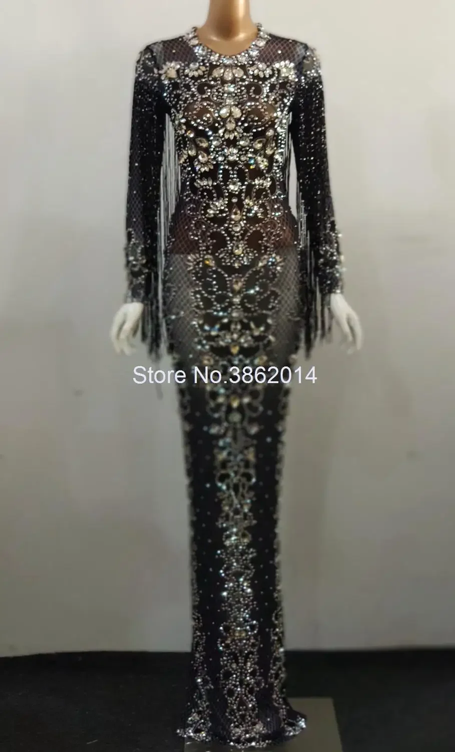 Black Diamond Fringes ชุดดูผ่านคริสตัลชุดราตรียาว Rhinestones ชุดวันเกิดพู่เครื่องแต่งกายเวที