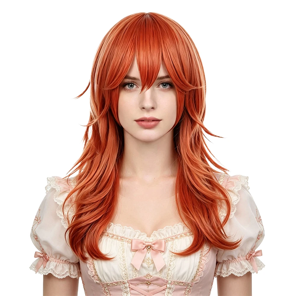 

Ginger Orange Mullet Wig Medium Length Layered Wavy with Bangs Heat Resistant Synthetic Cosplay Wig For Women Party Halloween