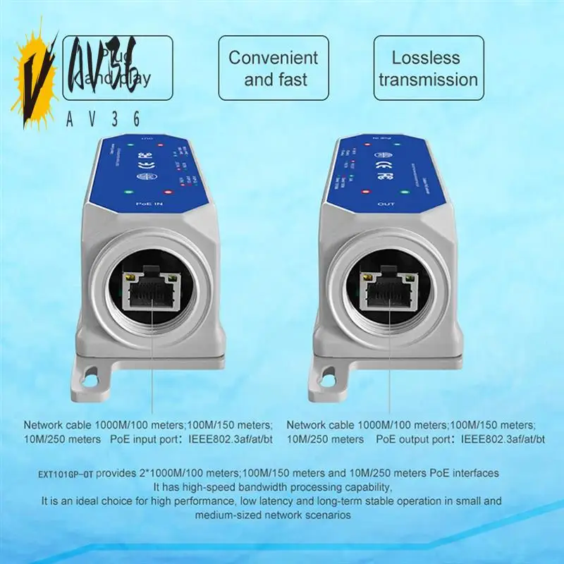 

AV36-DC37-57V IP67 100M121 1 To1 Outdoor Poe Extender 1BT In 1BT Out Max 90W Waterproof Extender LED 1Gbps