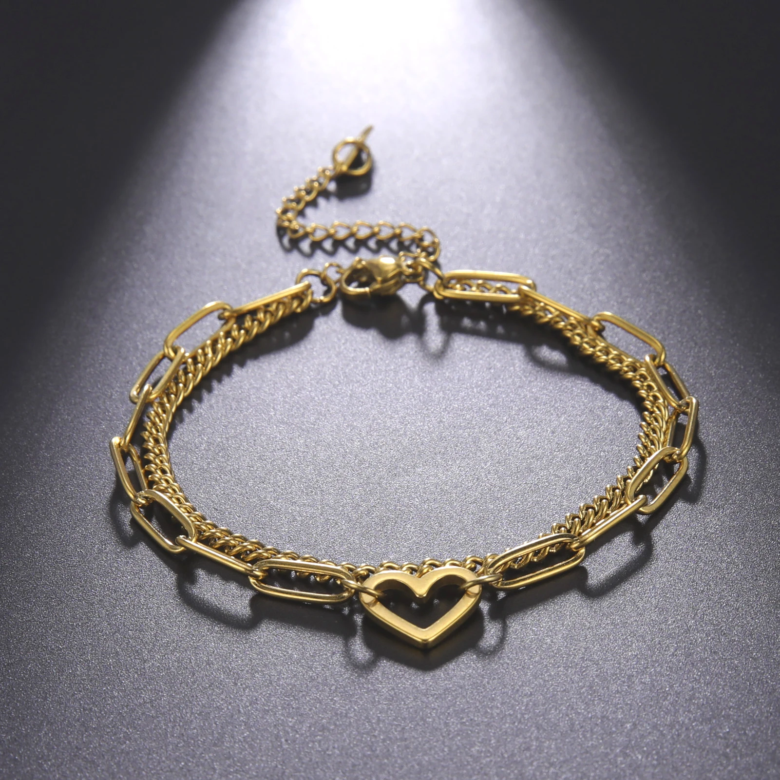 Heart Pendant Bracelet Paper Clip Chain Bracelet Stainless Steel Double Chain Bracelet for Women Couple Jewelry for Party Gift