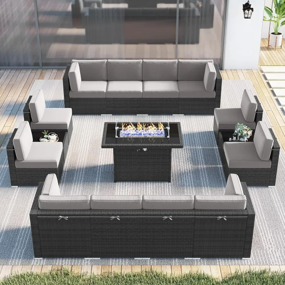 15 Piece Patio Furniture Set with Fire Pit Table, Outdoor Conversation Sets Wicker Rattan Sectional Sofa with Coffee Table