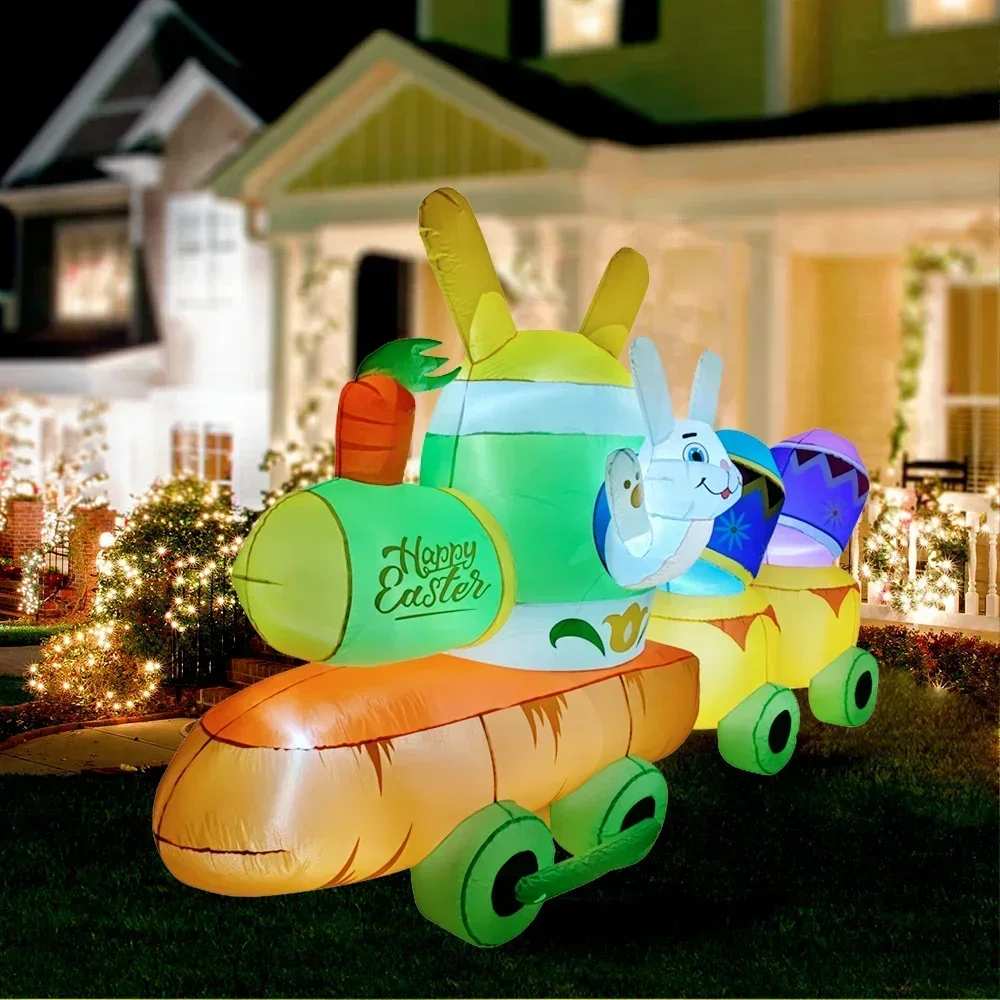 9ft Long Easter Inflatable Train Yard Decorations LED Lighted Inflatable Toy Bunny Carrot Train Outdoor Yard Lawn Holiday Decor