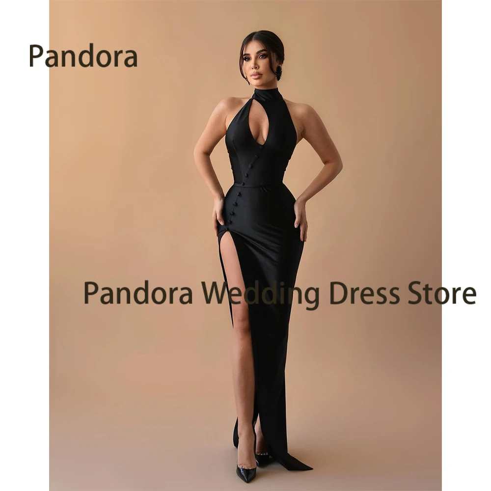 

Pandora Sexy black formal evening dress with floor-length halter with mermaid buttons women's birthday cocktail party dress