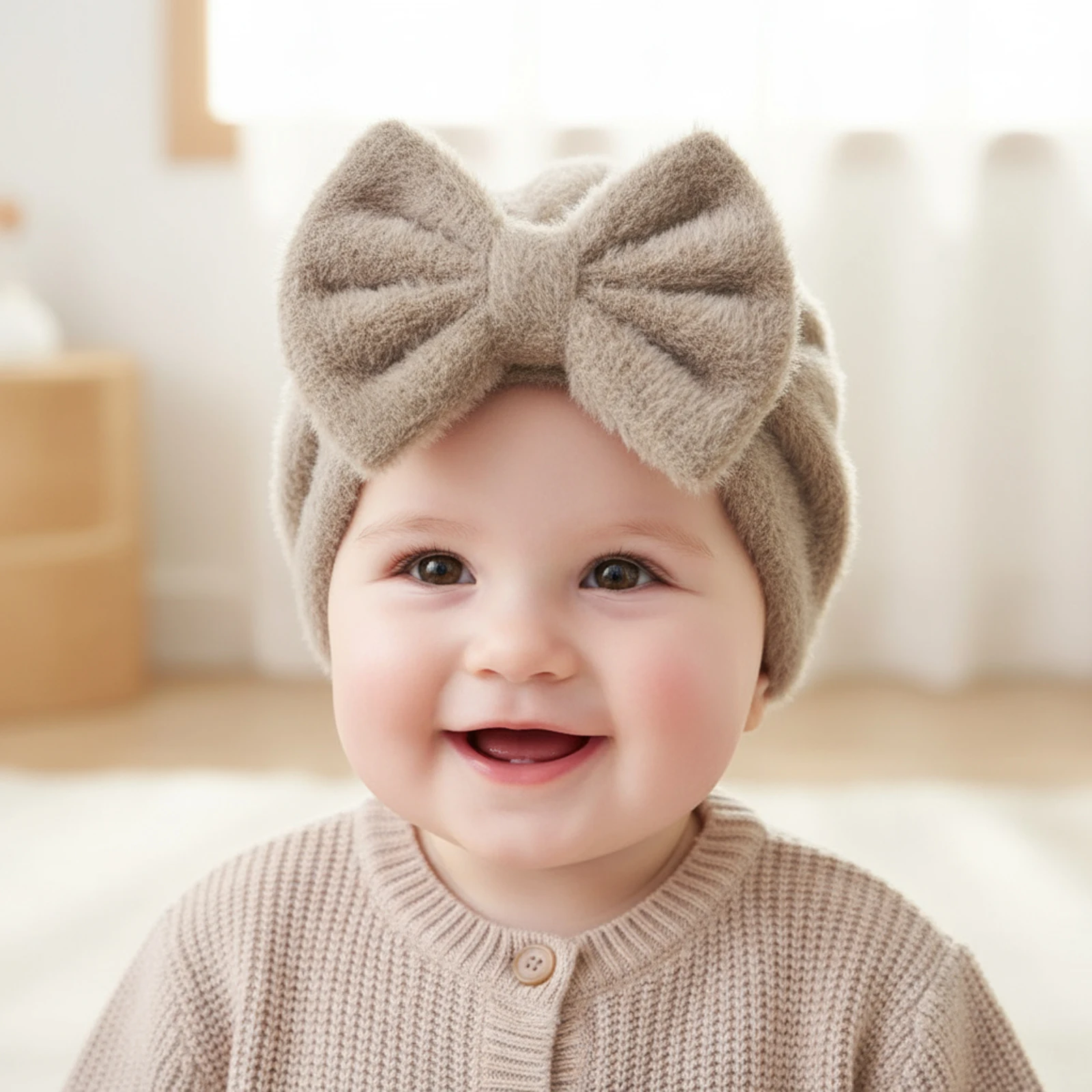 Suefunskry الرضع طفل بنين بنات قبعة عمامة شتاء دافئ فو الفراء قبعة بونيه قبعة المستشفى الوليد مع Bowknot