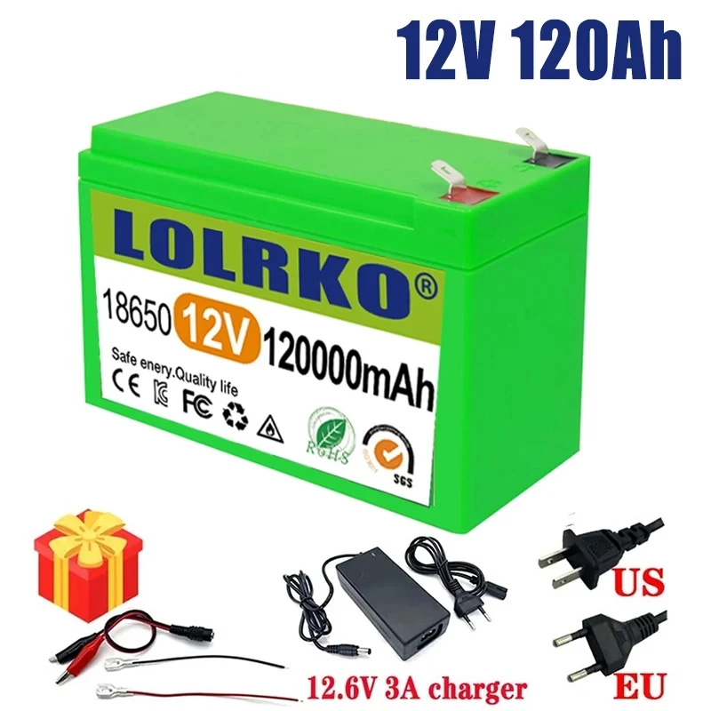 

12v 18650 Li-ion rechargeable battery pack DC 12.6V 120Ah battery with EU plug + 12.6v 3a charger + cr123a DC bus head cable