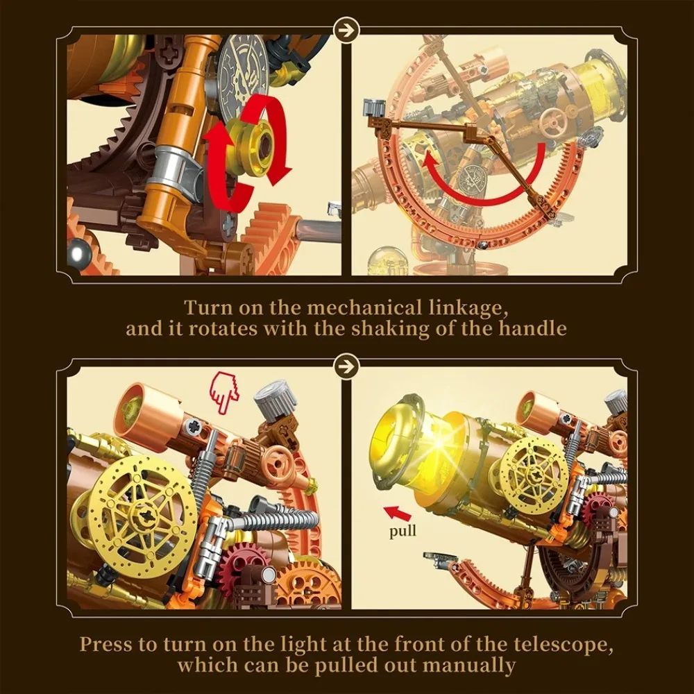 

JJ9242 797PCS Steampunk Telescope Building Blocks With Light DIY Science Education Model Bricks Toy For Children Desktop Decor