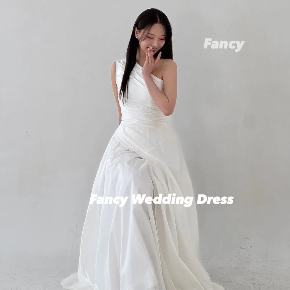 Fancy Simple One Shoulder Wedding Dress Taffeta A Line Bridal Gown Sleeveless Floor Length Back Corset Customized