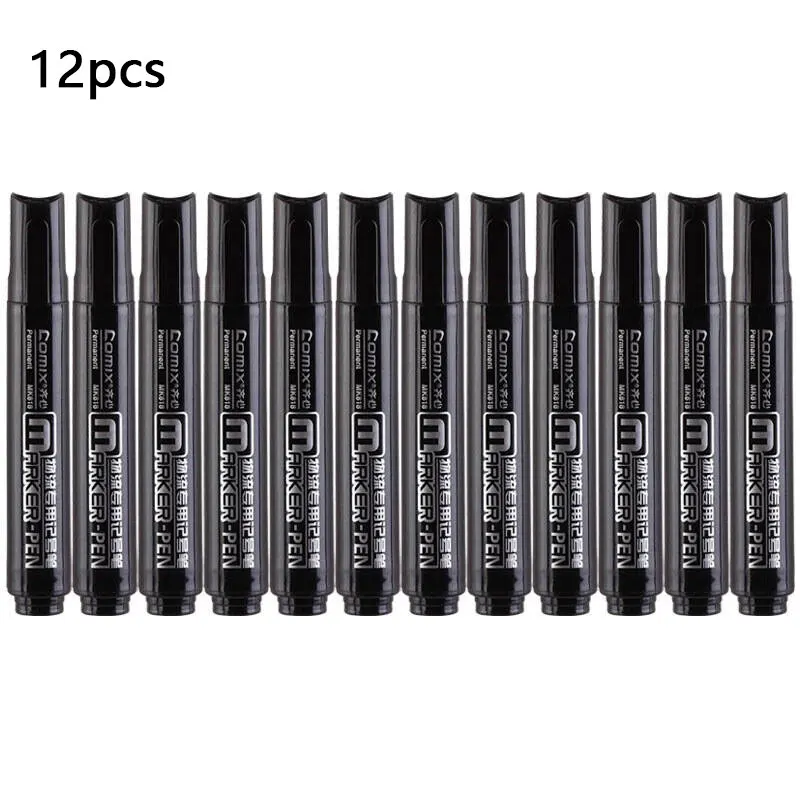 12pcs Black Waterproof Oil-proof and Non-fading Marker Pen Oil-based Marker Pen Large Head Thick Tip Marker Pens School Supplies