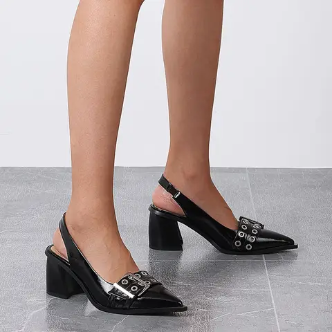Escarpins Parka Pointus Confortables à Talons Épais pour Femme, Escarpins Slingback, Large Sangle en Métal, Robe de Soirée de Bureau, Chaussures de Nuit
