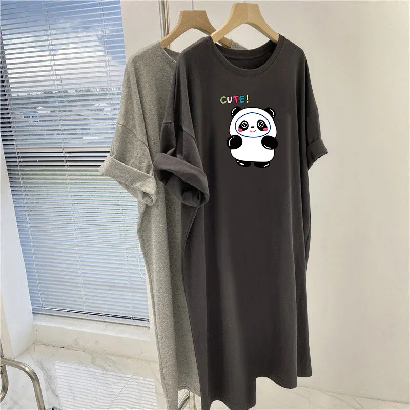 Summer O-neck Cartoon Printed Tunic, Women Clothing Casual Loose Basic Pullovers Dress, Fashion Short Sleeve Overknee Dresses