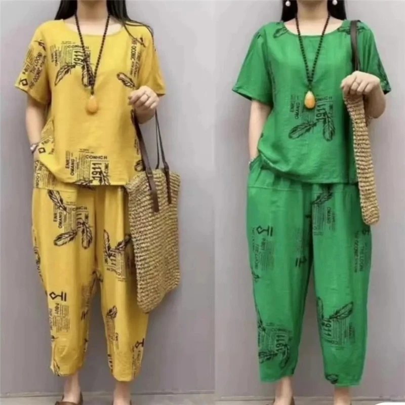 Camicetta di lino di cotone con stampa in stile etnico retrò Boho da donna Set di due pezzi estate Casual allentata manica corta top pantaloni da