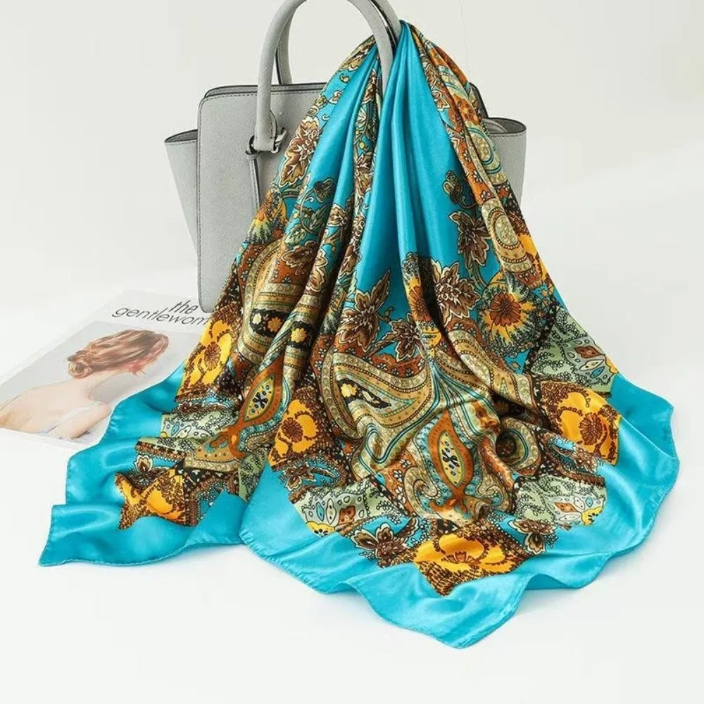 

Fashionable Floral Print Square Silk Scarf Colorful Soft Hair Bandana All-match Polyester Head Scarf Daily