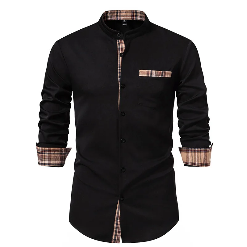 Spring New Men\'s Standing Collar Henry Shirt with Checkered Color Blocking Long Sleeved Casual Slim Fit Comfortable Shirt Top