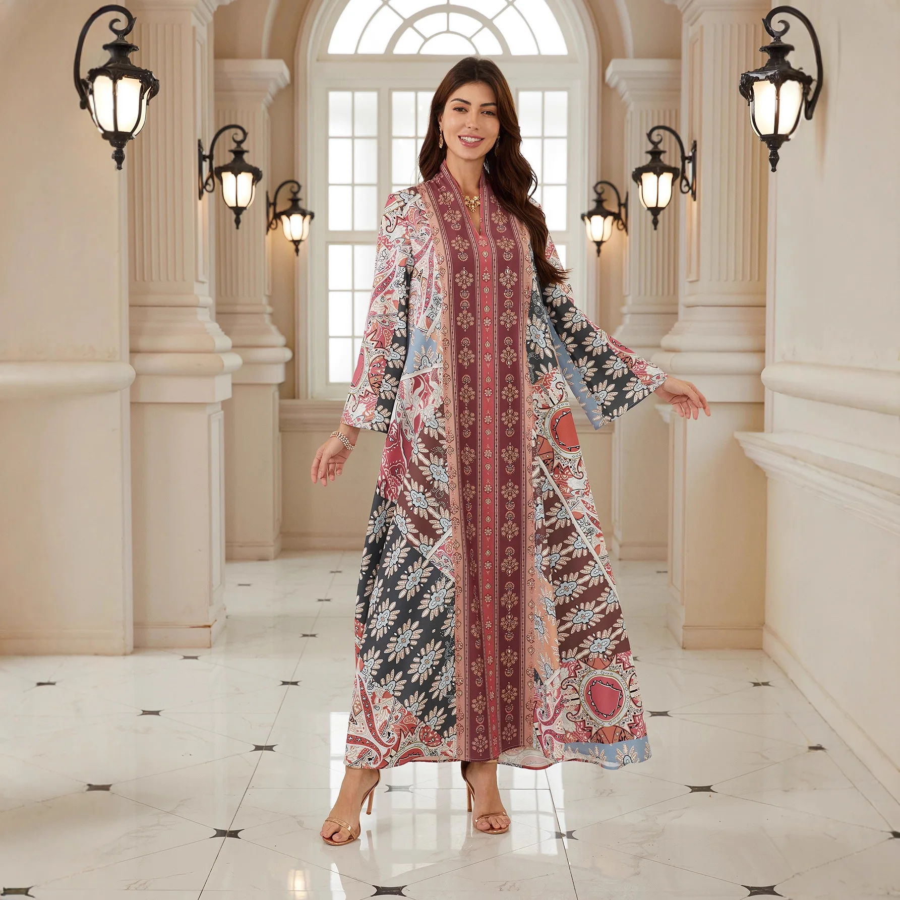 

V-Neck Dress Women Eid Abaya Jalabiya Party Dresses Print Diamonds Muslim Morocco Dubai Long Robe Ramadan Vestidos Kaftan 2026