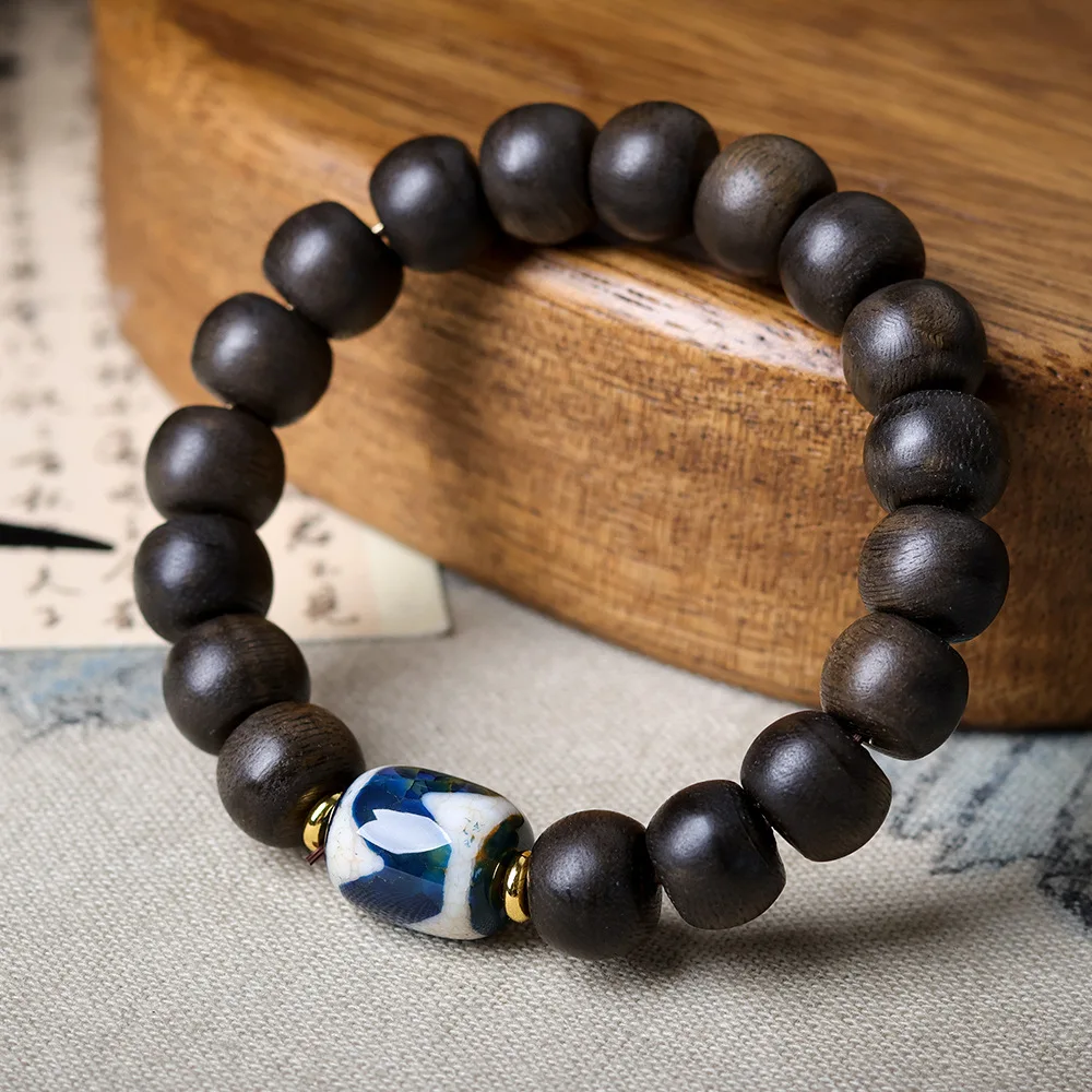 New White Agarwood Drum Bead Bracelet Original Blue-Tinted Tiger's Tooth Tianzu Bead Chinese-Style Collectible Bracelet