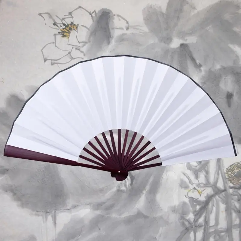 13 Inch Silk Cloth Blank Folding Fan Chinese Wooden Bamboo Antiquity Folding Fan For Calligraphy Painting Home Decor