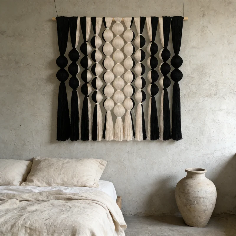 Luxury Boho Macrame Wall Hanging Handmade Black White Fiber Art Tapestry for Interior Decor Boutique Hotel Home Styling