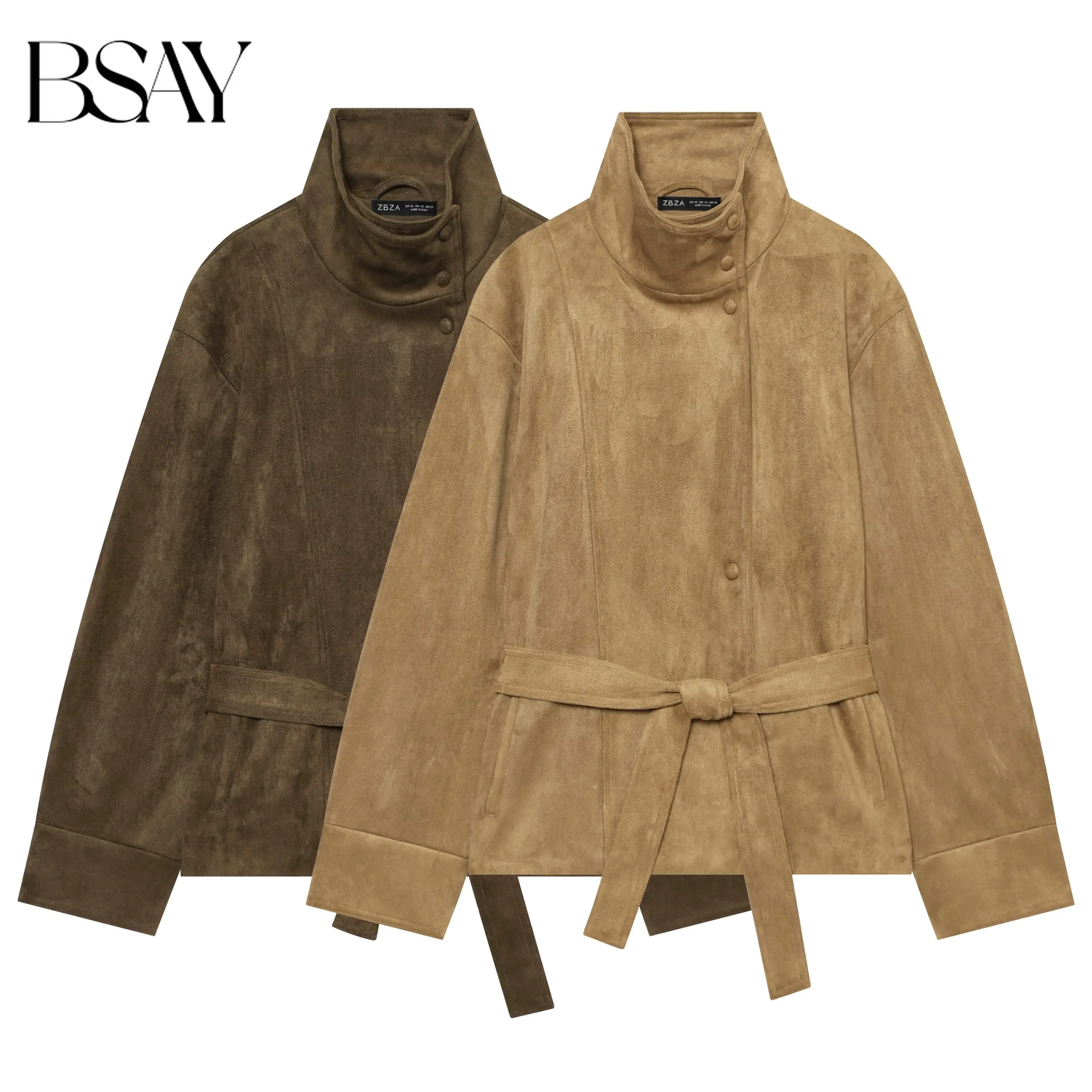 BSAY 2026 Damen American Vintage Kunstwildleder-Jacke mit Stehkragen und Gürtel, Langarm, Locker Geschnitten, Herbstliche Alltags-Oberbekleidung
