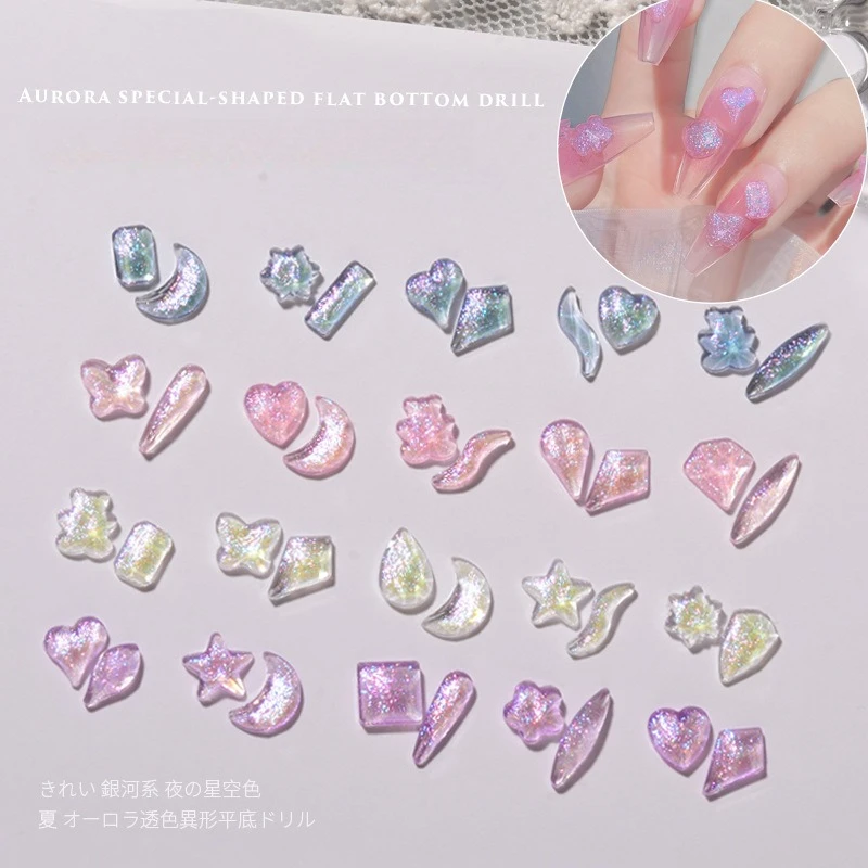 100Pcs Mixed Irregular Nail Rhinestones, Fairy Aurora Iridescent Resin Flat Stones For DIY Stylish Press On Nail Decor