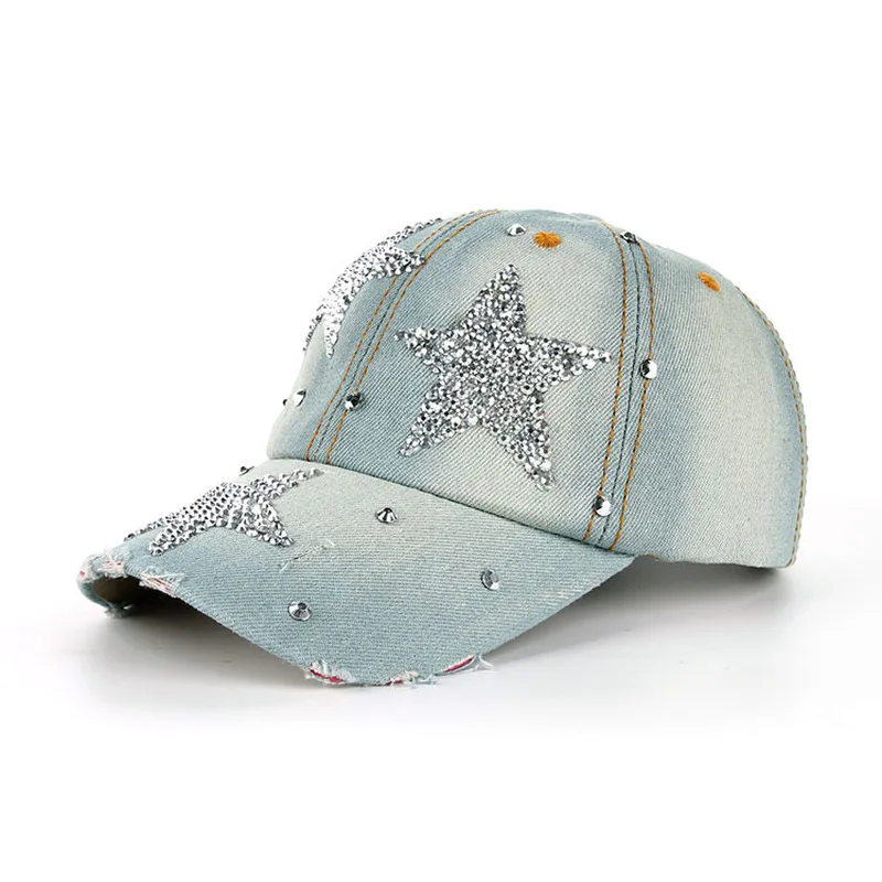 Five-pointed star studded denim baseball cap