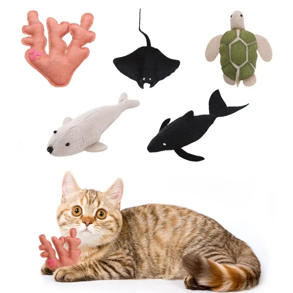 Bite Resistant Ocean Fish Catnip Filled Toy Simulation Wear Resistant Cat Whale Chew Toy Coral/turtle/shark/whale Canvas