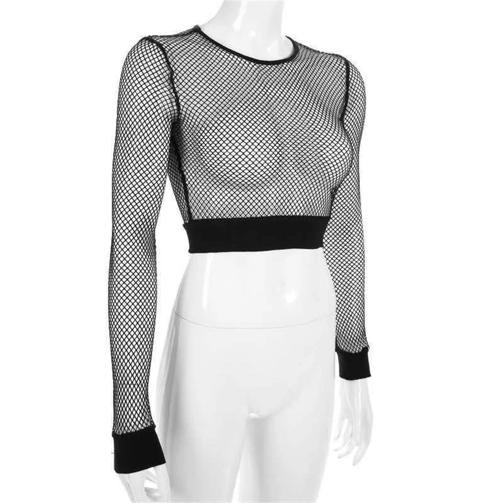 Sexy Black Hollow Out Mesh T-Shirt Women Skinny Crop Top New Korean Gothic Fashion Summer Basic Top Women American Fishnet Shirt