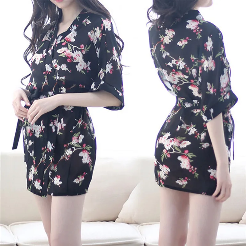 Women Floral Print Sexy Lingerie Nightdress Underwear Robe Chiffon Sleepwear