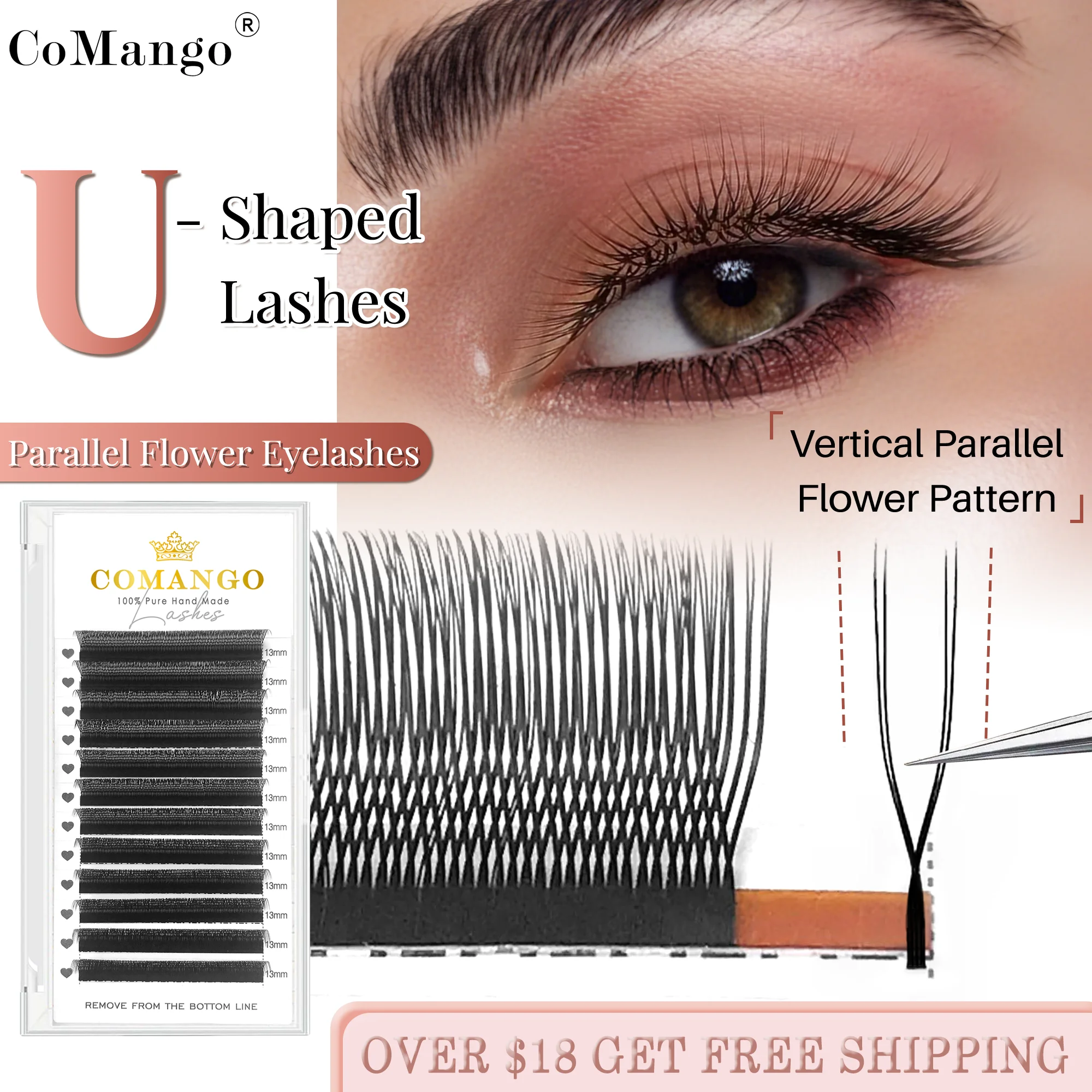 CoMango Lekki równoległy kwiat w kształcie litery U rzęsy YY hybrydowa technologia objętości włókna cilios super miękki gotowy wentylator do przedłużania
